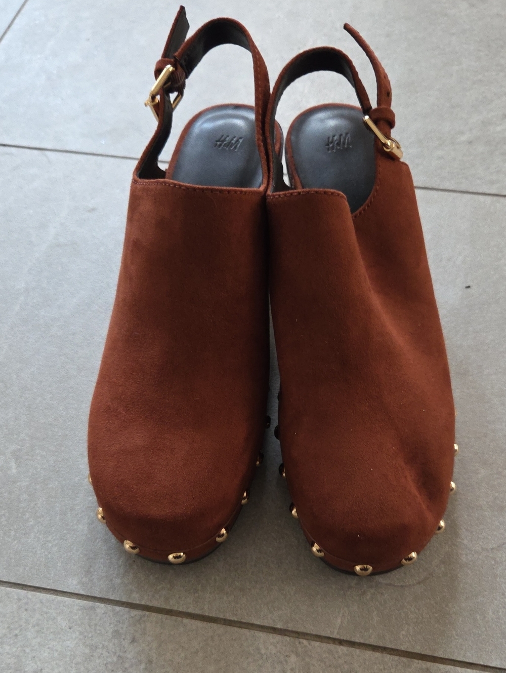 H&M Rust Brown Suede Studded Slingback Clogs
